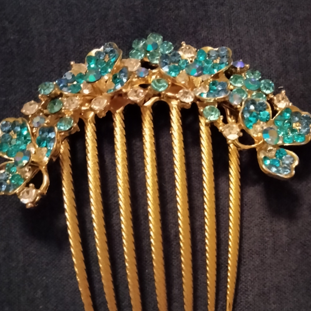 3 for💲25🌟 heavy hair comb prom pageant crystal blue flowers gold-tone - Picture 3 of 4
